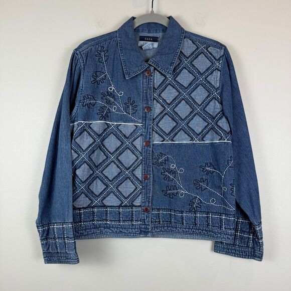 Sara Studio Jacket Women Sz M Blue Denim Embroidered Button Front Patchwork Boho - Picture 1 of 9